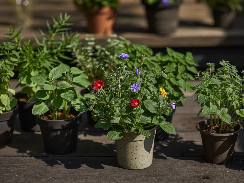 Perenni fiorite ed erbe aromatiche su un tavolo rustico da vivaio