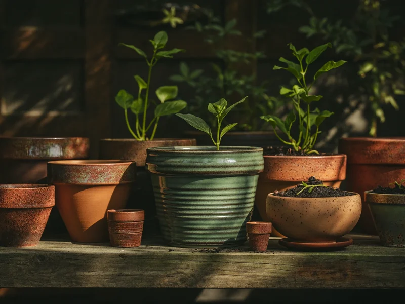 Vasi in terracotta e ceramica impilati su uno scaffale da giardino