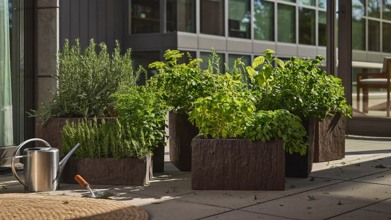 Piccolo terrazzo urbano con vasi di erbe aromatiche e annaffiatoio